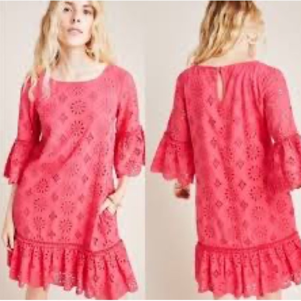 Anthropologie Eyelet Ruffle Hem Dress in Coral Pink
